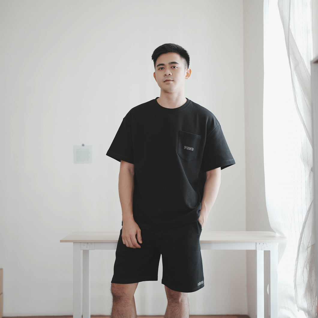 UNISEX WAFFLE OVERSIZE TEE - BLACK